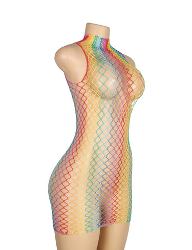 Scandals High Collar Sleeveless Rainbow Fishnet Bodystocking Bodystockings Scandals Lingerie